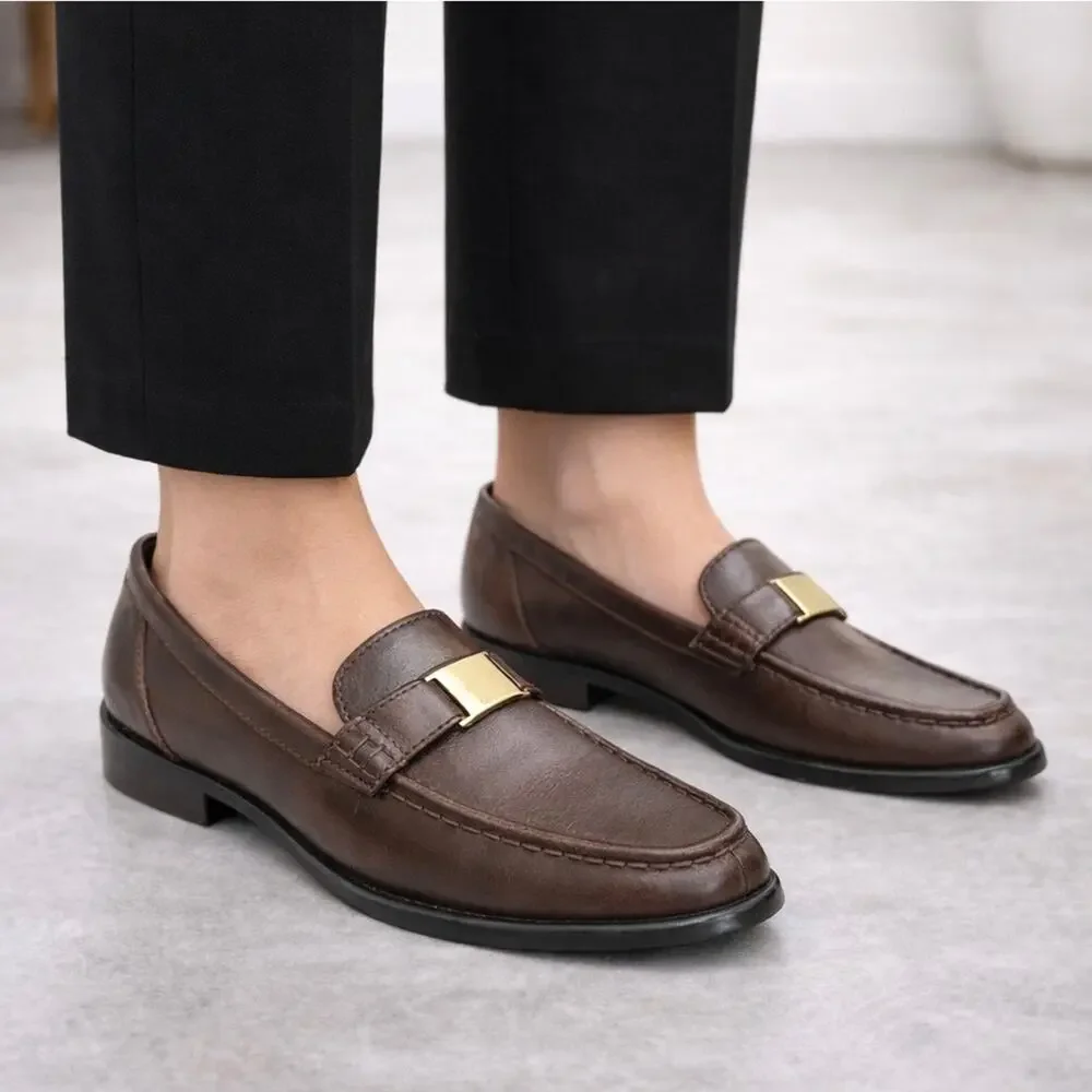 MARKON Womens Square Toe Brown Leather Loafers Flats ALPHA Slip On Shoes sz 10